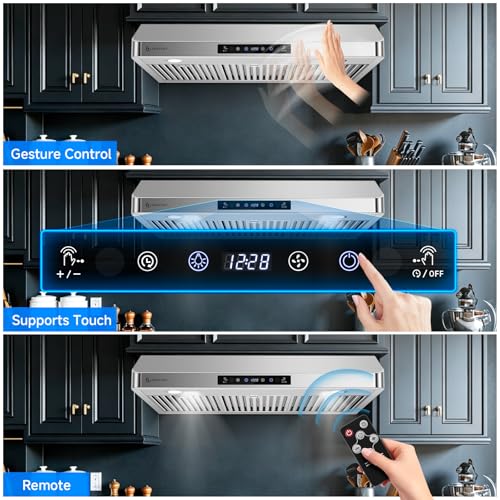 Image of 36 inch Under Cabinet Range Hood, 750 CFM Gesture & Touch Control Vent | Stainless Steel hood with Touch /Remote /Gesture Control, timer, LED lights & dishwasher-safe baffle filters 3 outlets