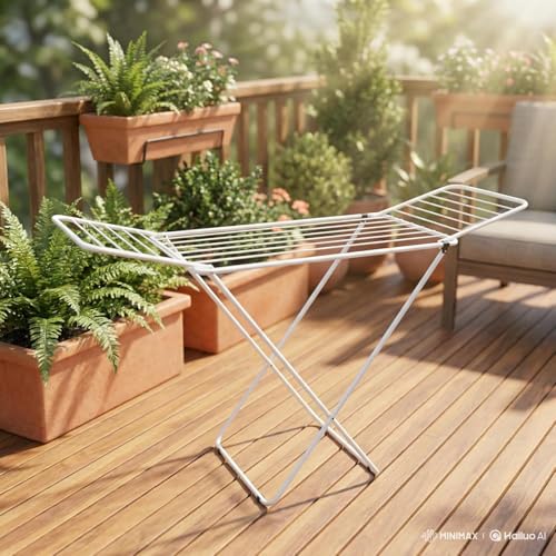 Image of Foldable Clothes Drying Rack, White Metal Frame, Indoor Outdoor Laundry Stand, Space Saving Design White Color