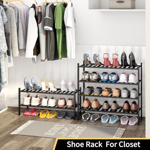 Image of Shoe Rack, 2-Tier Bamboo Stackable Shoe Shelf Storage Organizer, Shoe Stand for Closet, Entryway and Hallway
