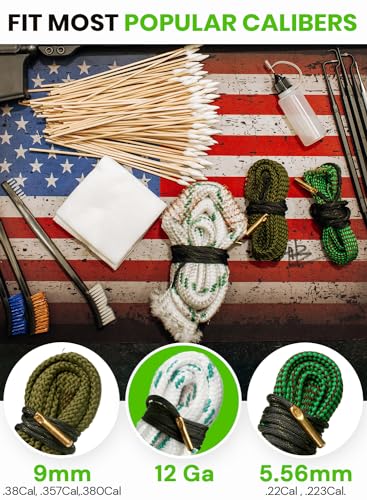 Bore Cleaner Gun Cleaning Kit for 12Ga / 5.56 / 9mm Gun Cleaning Snake, Gun Cleaning Supplies Incl. 1.69oz Clp Gun Cleaning Oil, Gun Cleaning Patches, Gun Cleaning Swabs, Gun Brushes, Cleaning Picks