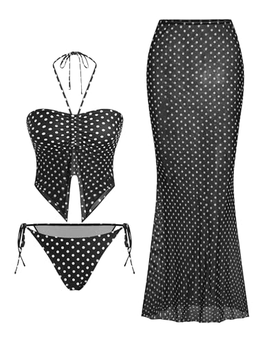 Image of ZAFUL Women 3 Piece Bikini with Cover Up Skirt Halter Bandeau Swimsuit Floral Tie Side Cheeky Bathing Suit