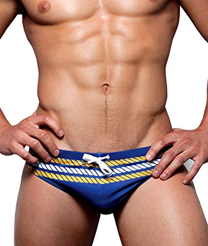 MIZOK Mens Low Rise Nylon Swimwear Bikini Briefs Striped Printed Beach Swimsuit (Blue L)