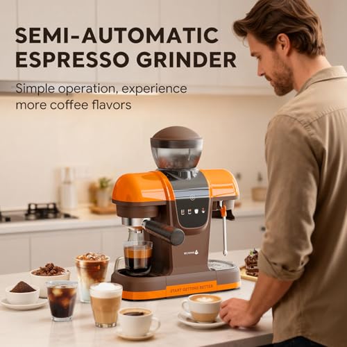 Semi-Automatic Espresso Machine with Grinder, 20 Bar Professional Coffee Maker with Milk Frother, Latte & Cappuccino, Compact for Home Use, Orange - Image 4