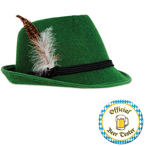 Oktoberfest Deluxe Green German Alpine Hat Official Beer Tester Button 2 Piece Bundle Set