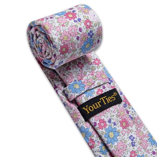 Image of YourTies Cotton Floral Tie for Men 2.5 inch Printed Skinny Necktie Pocket Square Tie Clip Set Flower Wedding Party Groom