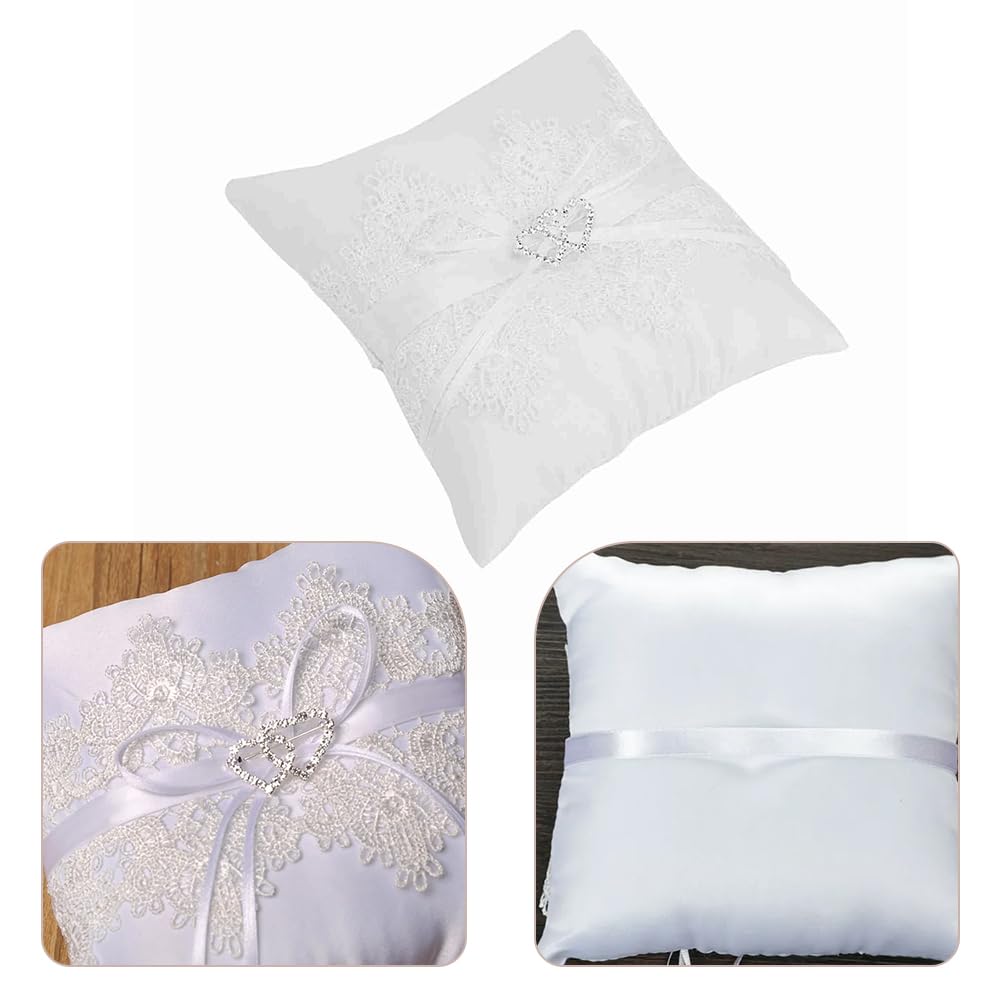 Conjunto de almohada portador de anillo de cta de flor para niña, almohada de anillo de perlas con lazo de satén romántico blanco para decoración de fita de ceremonia de boda de