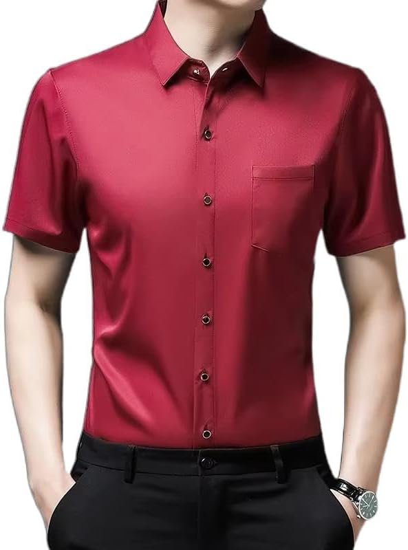 Men's Stretch Slim Fit Dress Shirts Formal Wedding Prom Short Sleeve Button Down T-Shirt