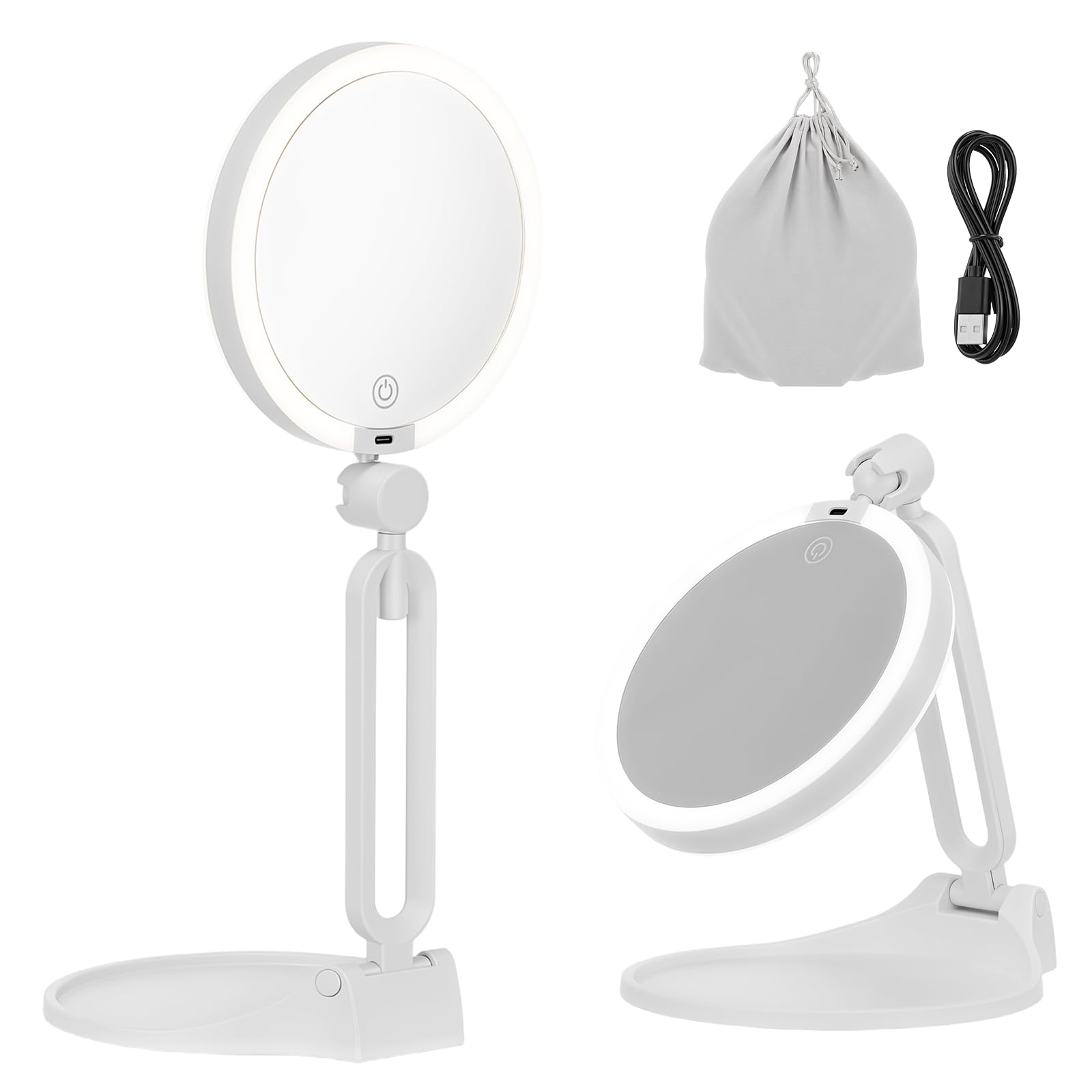 Specchio d'ingrandimento con illuminazione 10X/1 x doppio lato ricaricabile LED 3 colori portatile pieghevole per trucco viaggio bagno (bianco)