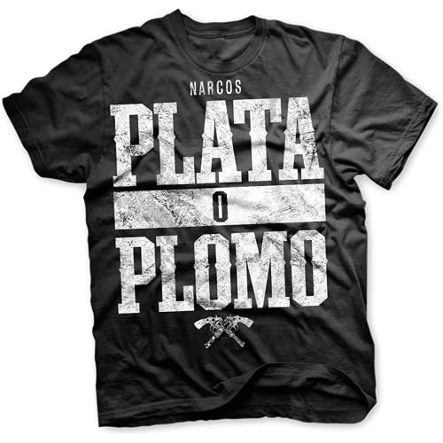 Camiseta Hombre Narcos Plata O Plomo Black, Negro , XL