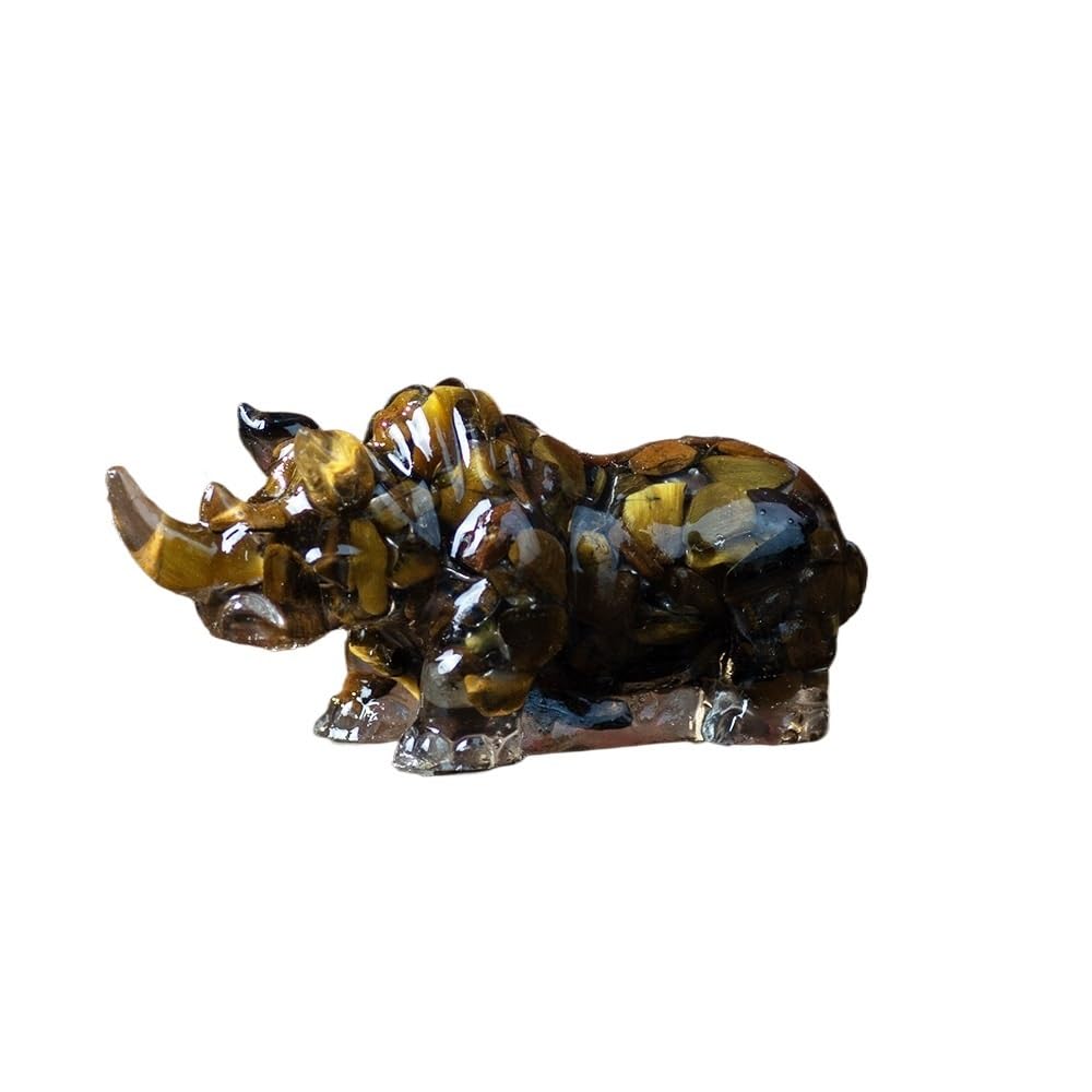 HUFFA Natural Crystal Rhinoceros Figurine - Resin-Filled Wealth Attractor for Home Decor(Tiger eye)