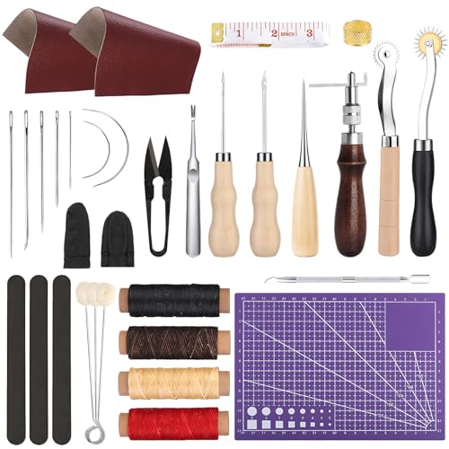 サムコス レザークラフトキット 革工具セット 練習 工具 千枚通 ワックス糸 ハサミ 研磨 測定尺 指貫 のり付け棒 DIY 手作り 手縫い レザークラフト ザーツールセット 練習用革2枚付 (33個セット)