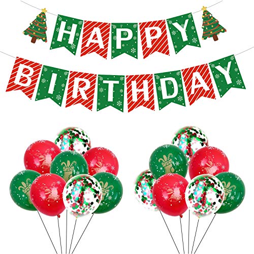 Christmas Birthday Decorations Happy Birthday Banner Red and Green Confetti Latex Balloons December Winter Wonderland Party Supplies