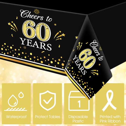 Image of Ganeen 3 Pcs 60th Birthday Tablecloths Black Gold Disposable Plastic Cheers to 60 Years Table Cloths Waterproof Rectangle Table Cover for Anniversary 60th Birthday Party Decoration, 54 x 108 Inch