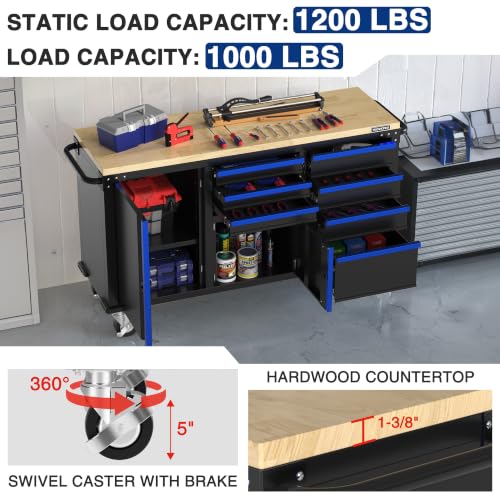 Image of WORKPRO 62 inch x 20 inch Rolling Tool Chest, 7-Drawer & 2-Door, Blue & Black