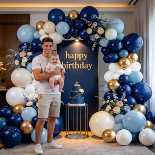 Image of Navy Blue Gold Balloon Garland Arch Kit, Sand White,Gold,144 pcs