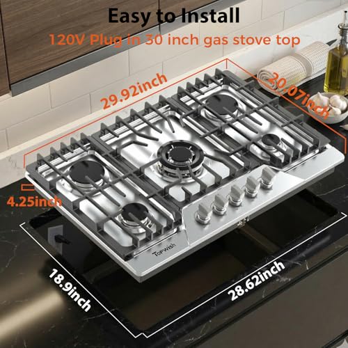 Image of TOPWISH 30 Inch Gas Cooktop,Gas Stove Top Propane 5 ITALY SABAF Burner | Built-in Gas Top Stove, NG /LPG Convertible 30 Cooktop, Stainless Steel Stove Top Gas Cooktop 30 Inch, 41400 BTU
