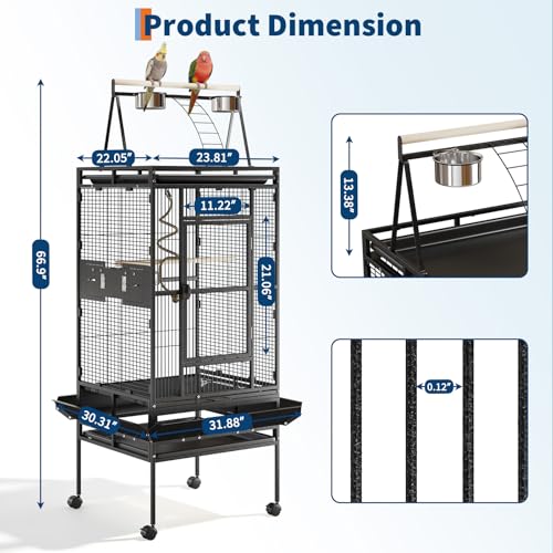 67-Inch Playtop Wrought Iron Large Parrot Bird Cages with Rolling Stand for Cockatiels Parrot Quaker Conure Parakeet Lovebird Canary Small Medium Parrot Cage Birdcage, Black - Image 3