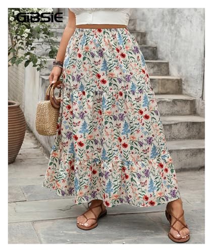 Chiffon Skirt Plus Size Floral Print Sweet Long Skirts Women Summer Elastic Waist Vacation Casual Big Swing A-Line Skirt for Chiffon(2XL) Multicolor2