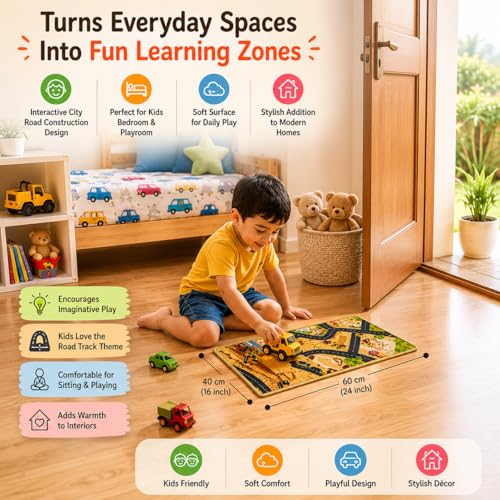 Image of Matz&More City Road Construction Site Kids Floor Mat | 40x60 CM | Brown | Nylon Tufted Gel Baking Anti-Slip | Home School Doormat | Children Play Room Entrance & Child Bedroom