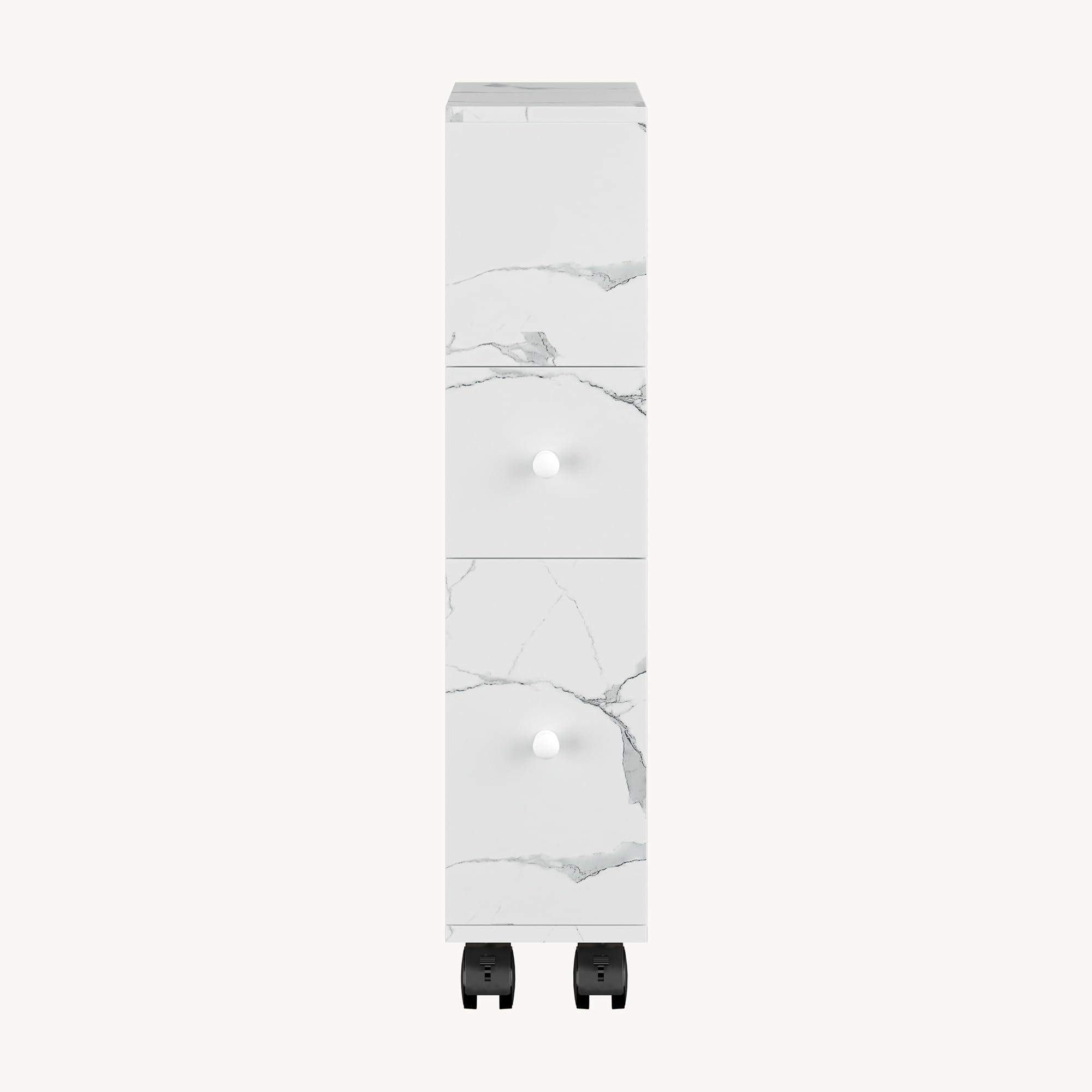 [en.casa] Mobile da Bagno Stretto a Rotelle con 2 Cassetti e Scomparto Aperto Armadietto Estraibile Multiuso per Cucina Lavanderia Ufficio 66 x 15 x 33 cm - Effetto Marmo Bianco
