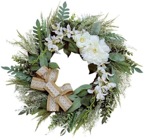 22 Inch Winter Wreath for Front Door - Green Greenery with White Blooms and Elegant Bow - Weatherproof Outdoor Christmas & Holiday Welcome Decor