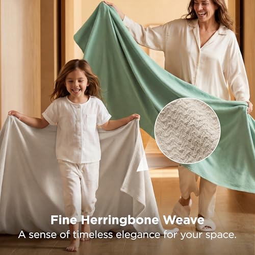 Image of Bedsure 100% Cotton Blanket, Herringbone Weave, Full, Linen Beige