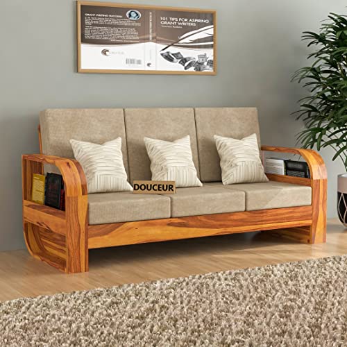 Image of Douceur Furnitures Solid Sheesham Wood 3 Seater Sofas | Three Seater Sofa for Living Room, Cafe, Office | (Honey Teak Cushion Matte)