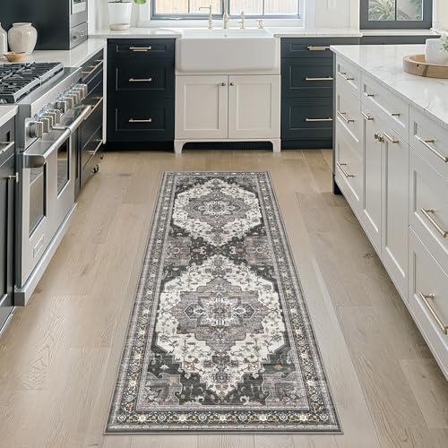GENIMO 2X6 Hallway Runner Rug, Machine Washable Non Slip Vintage Floral Patchwork Runners, Thin Low Pile Chenille Carpet Runners for Entryway, Kitchen, Bathroom, Bedroom, Slate Gray