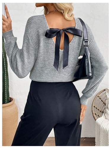 Image of BEAUDRM Women's Bow Tie Backless Sweaters Long Sleeve Crew Neck Drop Shoulder Cable Knit Sweater Women Grey Large