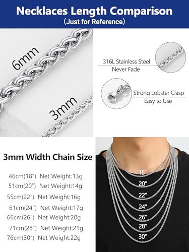 PROSTEEL Stainless Steel Chain Necklace for Men Women, Wheat Chain/Rope Chain, Black/Silver/Gold Tone, W:3mm/6mm, L: 18/20/22/24/26/28/30 inch, Come with Box4
