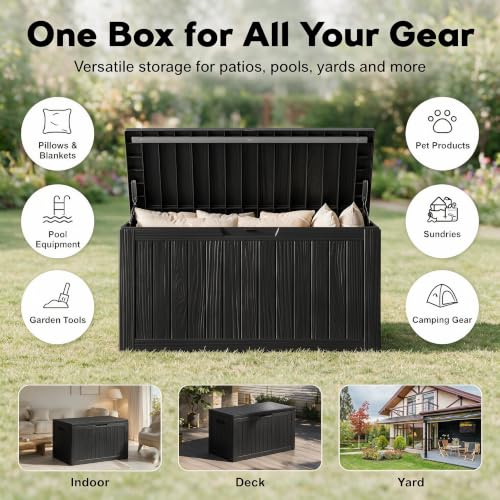 Image of 92 Gal Deck Box,Waterproof Resin Outdoor Storage Gas Lift,Lockable Black