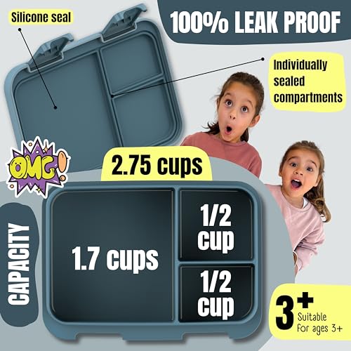 Image of BEARFOOT Kids Lunch Box with Compartments - Compact & Lightweight | Leak-Proof, BPA-Free, Dishwasher Safe | Hand-Drawn Design for Preschool, School, Travel (Firetruck Bunnies Blue, 2.75 Cups)