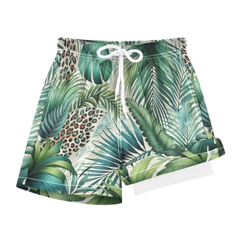 YANENDIE Boy Swim Trunks with Compression Liner Vibrant Palm Leaves Leopard Print Boys Swim Shorts Quick Dry Beach Shorts