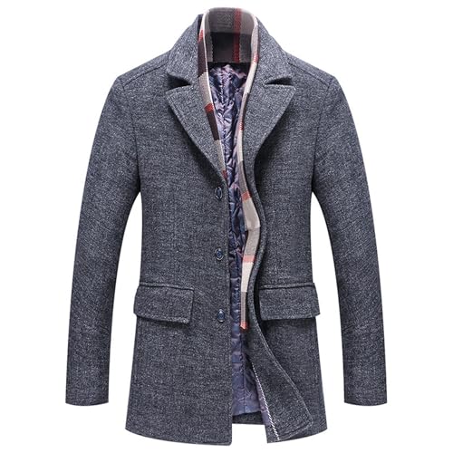 Men's Stylish Wool Blend Coat With Detachable Soft Plaid Scarf Classic Business Single Breasted Winter Trench