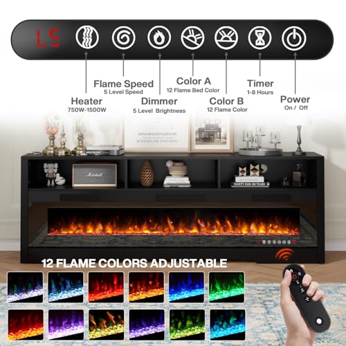 PRETZI 65" Fireplace TV Stand with Glass Electric Fireplace for 75 inch TVs