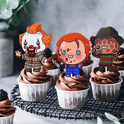 Fantasy Horror Manga Dessert Cupcake Topper Red Glitter Halloween Ghost Theme Decorations Supplies Children Boys Girls Happy Birthday Party Decor 18Pcs #TOP5