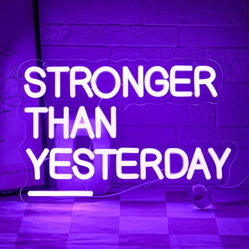 LMSIGNLY Stronger Than Yesterday Neon Sign for Wall Decor Gym Neon Light Purple Letter Neon Light sign Dimmable USB Powered LED Light Up Signs for Home Gymmer Fitness Club Classroom