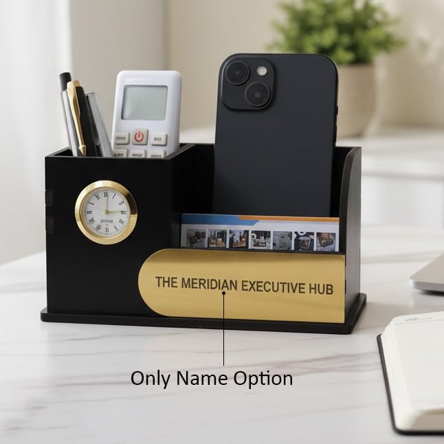 Image of Deskart Personalized Wooden Desk Organizer with Clock & Name Plate | Premium MDF Pen Stand, Mobile Holder, Visiting Card Holder & Office Table Organizer for Home and Office Desk