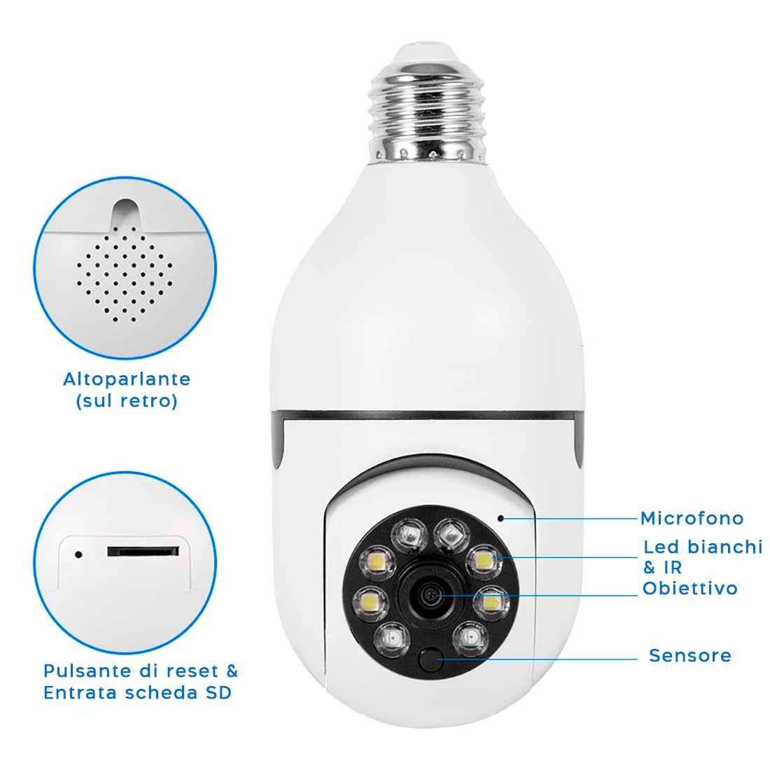 Mediawave Store - 4 pz Telecamera Wi-Fi, Camera Nascosta, Lampada Esterno, Interno, Lampadina Zoom Cam, Sicurezza Casa, Visione Notturna,Audio Bidirezionale, Controllo da Remoto