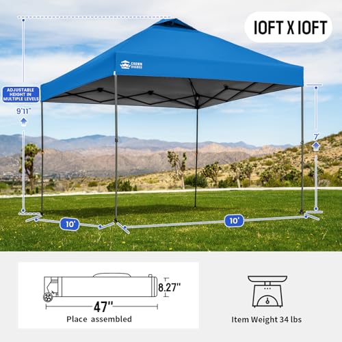 Image of CROWN SHADES Adjustable Height on The Fly, 10x10 Pop Up Canopy - Beach Tent with One Push Setup - Easy Outdoor Sun Shade for Events, Parties, Camping - Outside Shade with STO-N-Go Bag, Blue