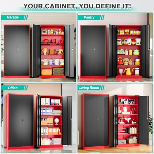 Image of SISESOL Wide & Deep Metal Storage Cabinet with Lock & Adjustable Shelves,72 inch Red Black Garage Storage Cabinet with Locking Doors,Lockable Cabinets for Home,Office,Shop,Garage,Basement 72x36x18