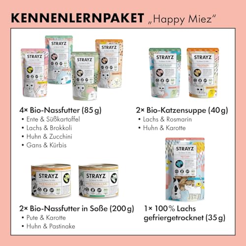 STRAYZ Katzenfutter Nass & Katzenleckerlis Probierpaket – Getreidefrei, Hoher Fleischanteil, Bio Futter, 100% natürliche Zutaten, Premium Nassfutter für Katzen