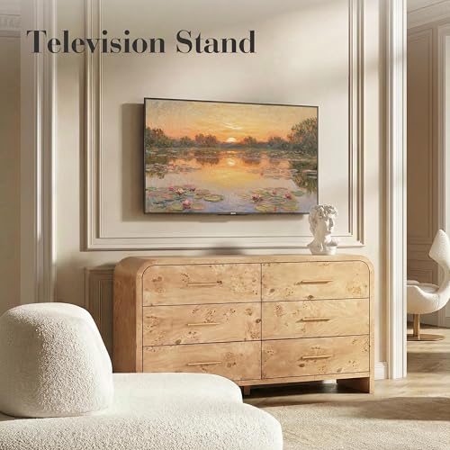 Image of Curved 6-Drawer Dresser for Bedroom, 54 inch Wide Modern Chest of Drawers, Vanity Desk TV Stand for Living Room, Closet Storage Drawers Organizer Furniture, Nursery, Light Burl