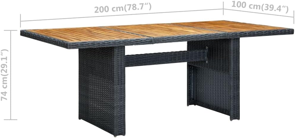 Modern Outdoor Coffee Table Dark Grey Poly Rattan and Solid Acacia Wood Patio Furniture Rectangular 78.7 x 39.4 in for Garden Patio Seating Up to Eight
