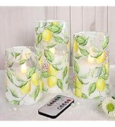 FLAVCHARM Lemon Glass Flameless Candles with Remote Timer Battery Operated LED Flicker Real Wax P...