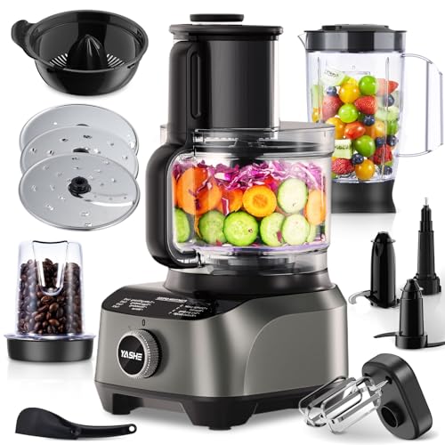 YASHE Robot da Cucina Multifunzione, 2,5L Ciotola & 1,5L Bicchiere Frullatore, Mixer, Grinder, Estrattore di Succo, Impastatrice, Affettatore & Grattugia, 3 Velocità + Pulse, Blocco di Sicurezza