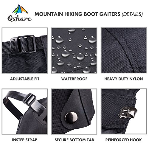 Qshare Leg Gaiters for Boots - Waterproof Hiking Climbing Hunting Snow High Leg Gaiters(Men and Women) (Black, Black-S)