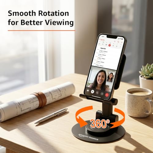 Image of amazon basics Mobile Stand 360Rotation for Desk, Stable Metalic Round Base, Portable Phone Holder, Tabletop Phone for Smartphones,Tablets,Kindles & for iPad
