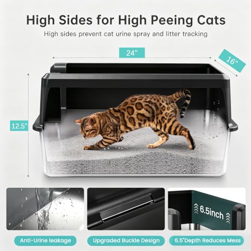 Image of WoofiGo Stainless Steel Cat Litter Box with Lid, XL Extra Large Metal Kitty Litter Box Enclosed for Big Cats, High Sided, Anti-Urine Leakage, Non-Stick Bottom, Include Litter Mat & Metal Scoop (Black)