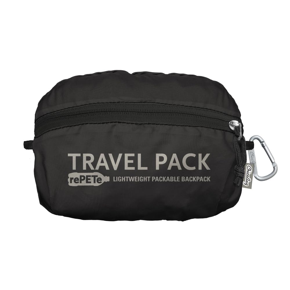 ChicoBag Travel Pack rePETe + Refine | Eco-friendly Lightweight and Packable Travel Backpack (Obsidian)